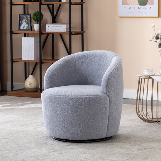 Teddy Stoffen Draaibare Fauteuil - Barrel Stoel met Zwarte Poeder Coating Metalen Ring - Lichtgrijs