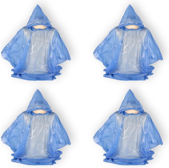 Blauwe Regenponcho Set van 4 | Waterdichte en Herbruikbare Poncho met Capuchon en Reflecterend Detail voor Volwassenen | 131x131x100cm | Perfect voor Fietsen en Outdoor Activiteiten