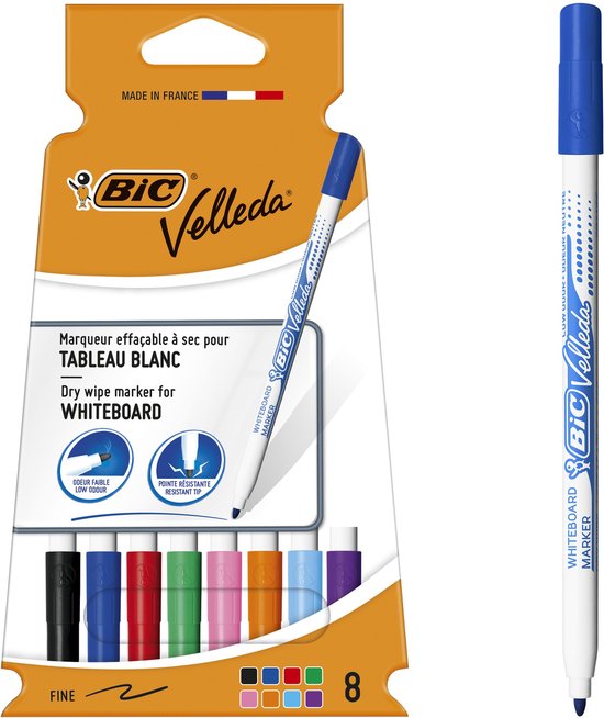 BIC Velleda 1721 Marqueurs Tableau Blanc pour Gommes à Pointe Fine Biseautée - Couleurs Assorties - Boîte Carton de 8 Pièces