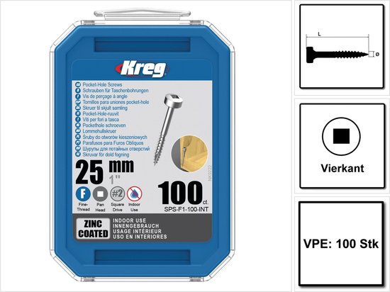 Emballage de 100 vis Kreg pour trous de poche. Revêtement zinc, filetage fin, entraînement carré. Vis de 25mm.