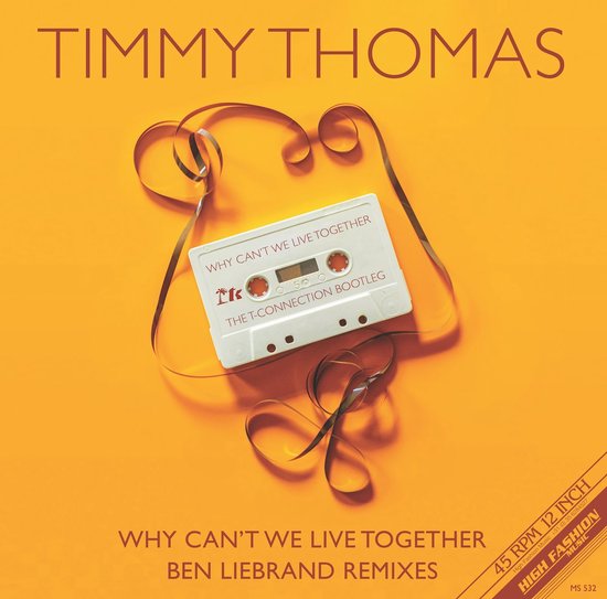 Oranje hoes met de naam Timmy Thomas erboven. Een cassettebandje met 'Why Can't We Live Together' erop, omwikkeld met bruin lint.