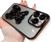 Telefoonhoesje Glitter - Geschikt voor iPhone 15pro Max - Met 3d luxe beer standaard - Schokbestendig - Transparant - Kleur Zwart