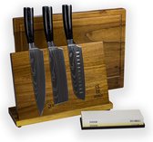 Shinrai Knives 3-delige Messenset Epoxy Onyx Damascus Print - Messen met Messenhouder, Slijpsteen en Snijplank - Compleet en Luxe Messenset voor Elke Keuken - Koksmes - Hakmes - Vleesmes