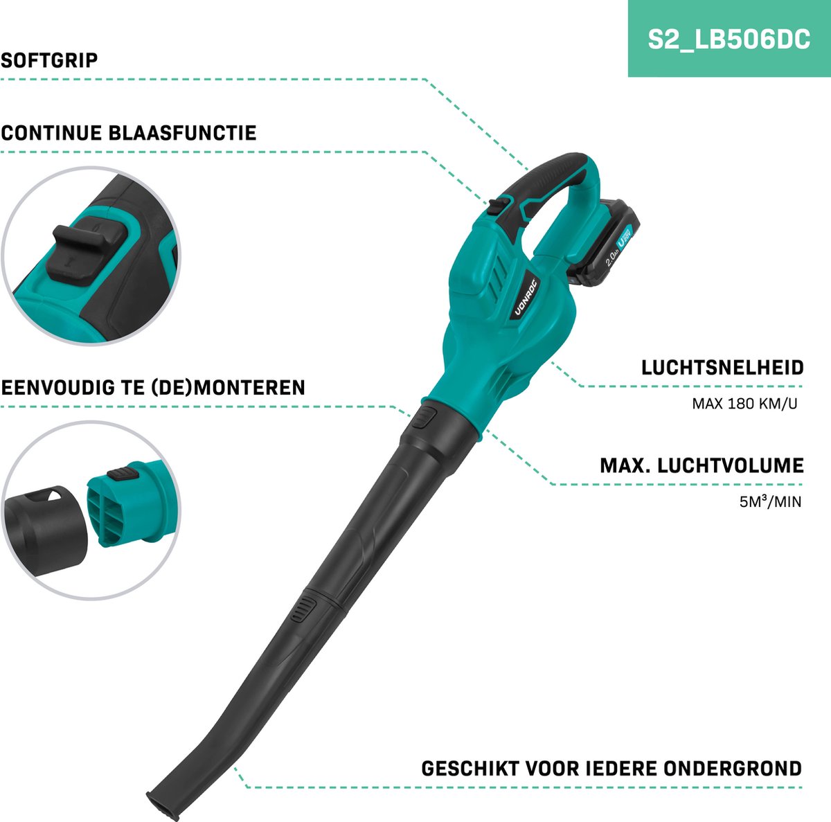VONROC Accu Bladblazer 20V – Luchtsnelheid 180 km/u – Luchtvolume 5m3/min - Incl. 2x 2.0Ah accu’s en snellader – foto 3