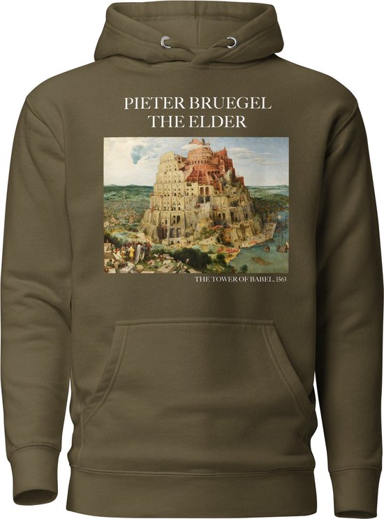 Pieter Bruegel de Oude 'De Toren van Babel' ("The Tower of Babel") Beroemd Schilderij Hoodie | Unisex Premium Kunst Hoodie | Military Green | S