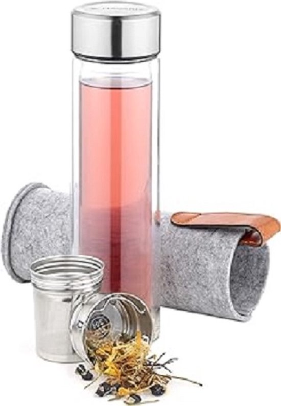 Gourde-Infuseur à Thé En Verre Double Paroi 500ml - Bouteille Isotherme Avec Filtre, Pour Thé Et Eaux Fruitées (Voyage, Bureau)