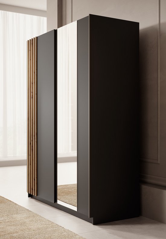 Meubella - Armoire Boets - Zwart - Chêne - 150 cm - Avec miroir