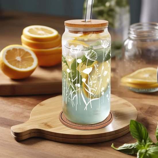 Tasses à Café Floral ANOTION 710ml - Verre Avec Couvercle Bambou Et Paille