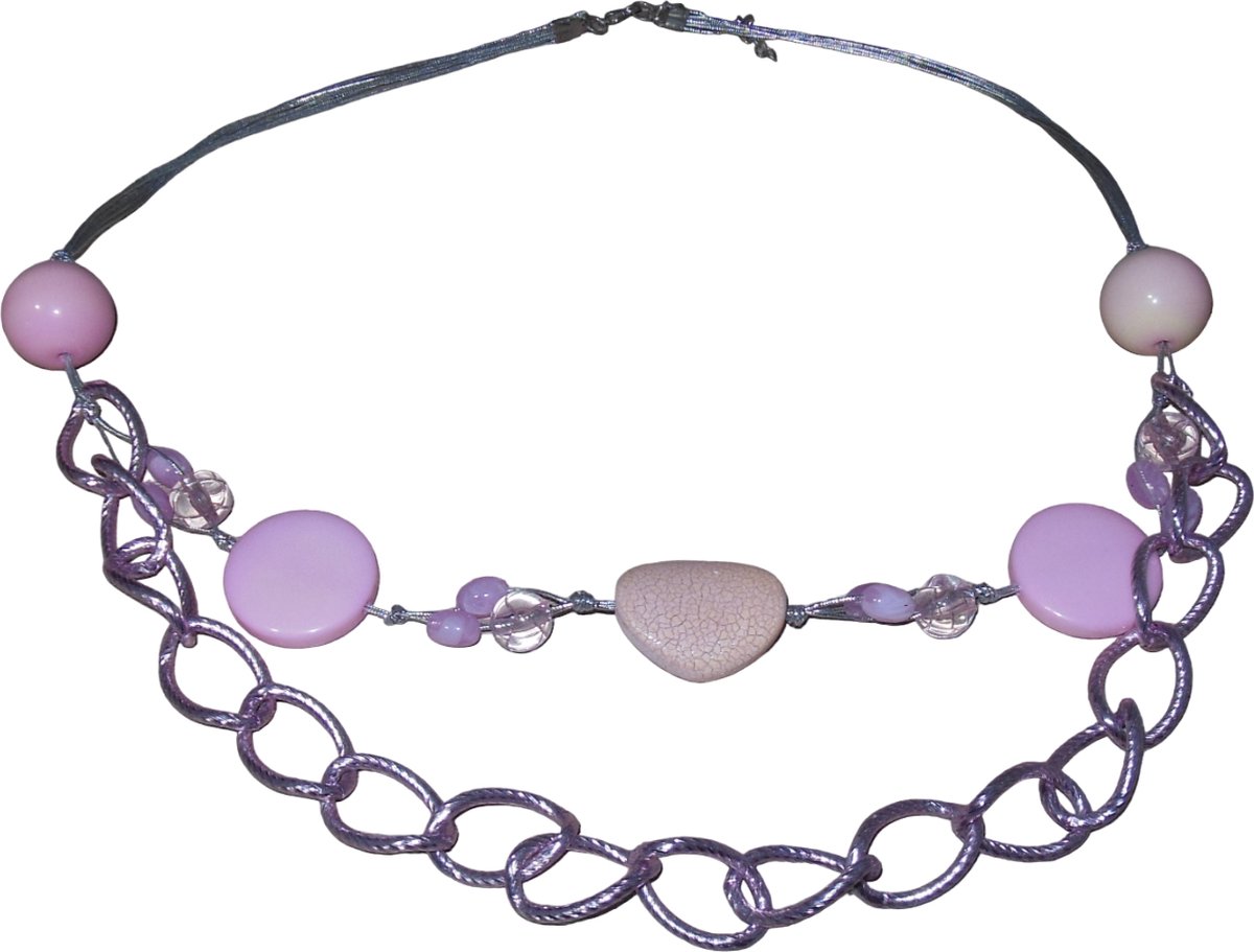 Ketting zilver met roze schakels en diverse patronen dubbel