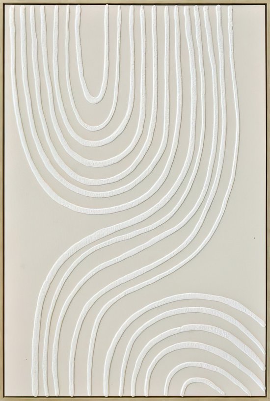 Ter Halle - Schilderij - 3D Wanddecoraties - Witte Abstracte Strepen Op Een Beige Doek - 83x123cm