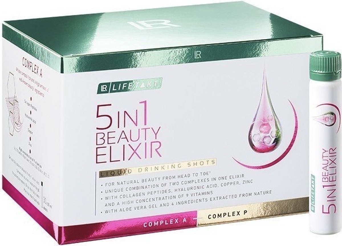 Goedkoopste LR LIFETAKT 5in1 Beauty Elixir - Natuurlijke Schoonheid van Hoofd tot Teen - Unieke Combinatie van Twee Complexen in een Elixer - Collageenpeptides, Hyaluronzuur, Koper, Zink - Hoge Concentratie van 9 Vitamine - Aloë Vera gel - Drinkampullen 30x25 ml