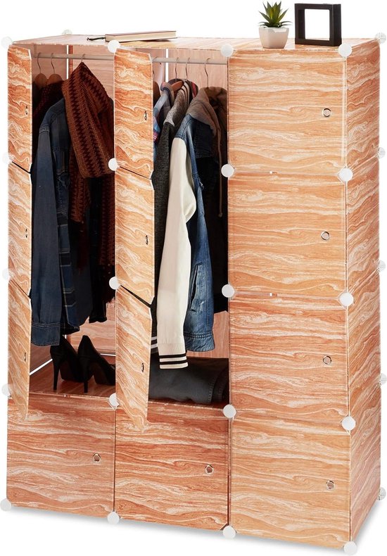 Kledingkast steeksysteem 8 vakken van kunststof met deuren en kledingroedes 145 cm hoog houtlook - Functioneel en ruimtelijk效. Kledingkast