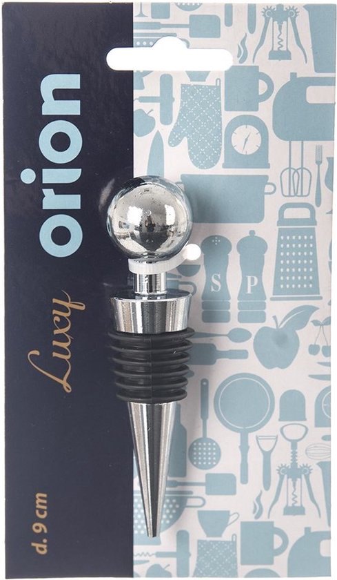 Zilveren wijnstopper met bol, verpakt in orion luxy verpakking, 9 cm
