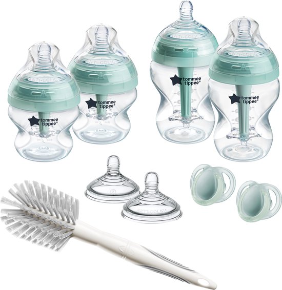 Tommee Tippee zuigflessen, Advanced Anti-Colic Newborn Starter Set voor baby's met krampjes, 4 x flesjes, 2 x borst-gelijkende spenen met gemiddelde doorstroomsnelheid, geventileerd anti-koliek ventiel, Baby Feeding Essentials