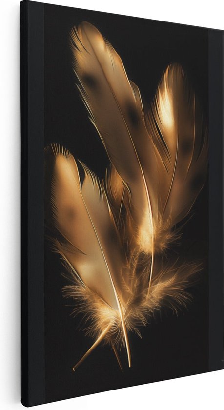 Artaza Canvas Schilderij Gouden Veren op een Zwarte Achtergrond - 20x30 - Klein - Foto Op Canvas - Canvas Print