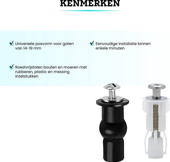 Kenmerken van RVS scharnieren: universele pasvorm, eenvoudige installatie en rubberen, plastic en messing inzetstukken.