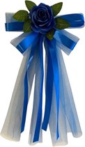 SIA BLAUW Handvatten Decoratie - Trouwauto Versiering - Blauwe Rozen met Linten en Tule - Bloemen voor op de Handvatten - Versiering Handvat Auto - Autoversiering voor Volgauto's