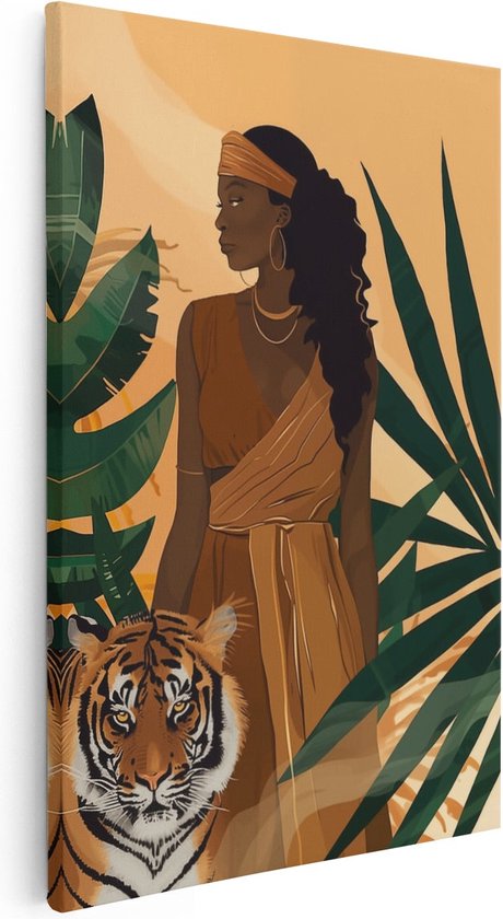 Artaza Canvas Schilderij Afrikaanse Vrouw met een Tijger - 40x60 - Wanddecoratie - Foto Op Canvas - Canvas Print