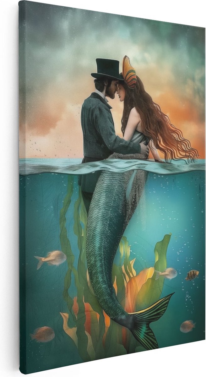 Artaza Canvas Schilderij Zeemeermin - 80x120 cm - Groot - Wanddecoratie Zee - Muurdecorati