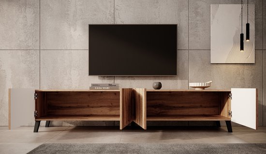 Dressoir met verticale houten lamellen, eikenhouten buitenkant en witte binnenzijde. Pootjes zwart.