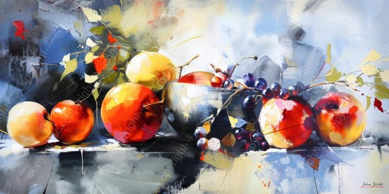 JJ-Art (Aluminium) 100x50 | Fruit, vruchten abstract, kleurrijk, appels, druiven, stilleven | eten, panorama, rood, blauw, oranje, groen, modern | Foto-schilderij op dibond, metaal wanddecoratie