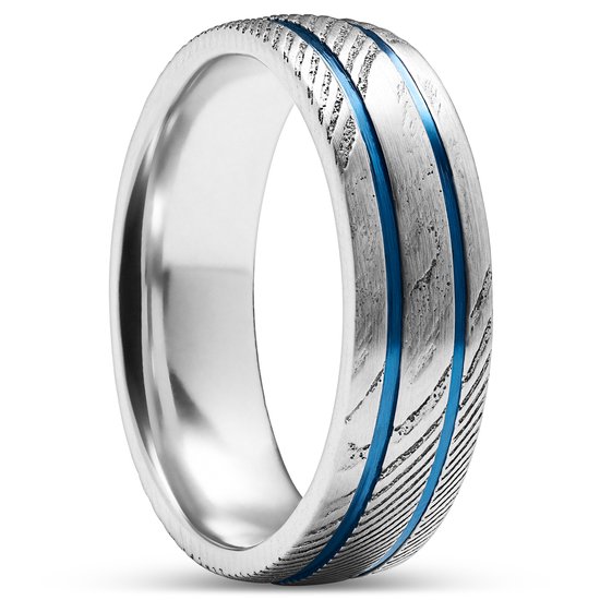 Fortis | 7 Dubbelgegroefde Ring van Damascusstaal en Blauw Titanium