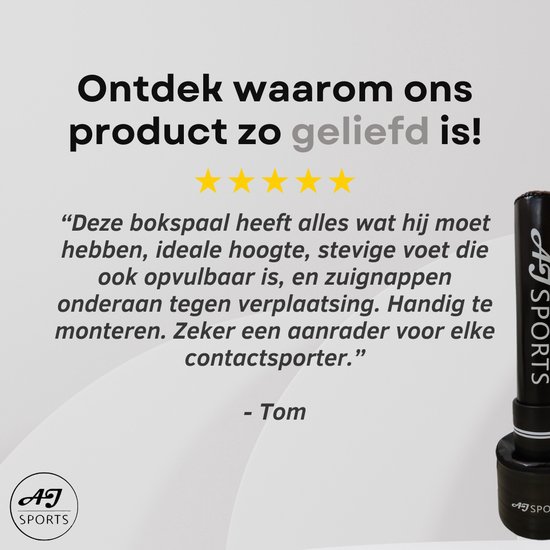 Tekst van klantbeoordeling over een bokspaal, met sterren.