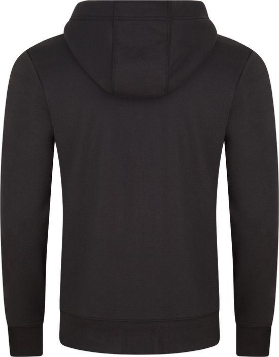 Achterkant van een donkergrijze hoodie.