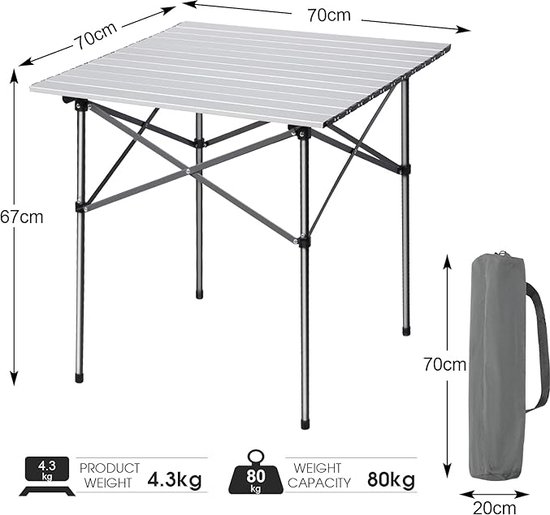 iClimb Lichtgewicht stabiele Alu. Opvouwbare vierkante tafel oprolbare top met draagtas voor camping picknick achtertuinen BBQ kamp keuken (zilver, L