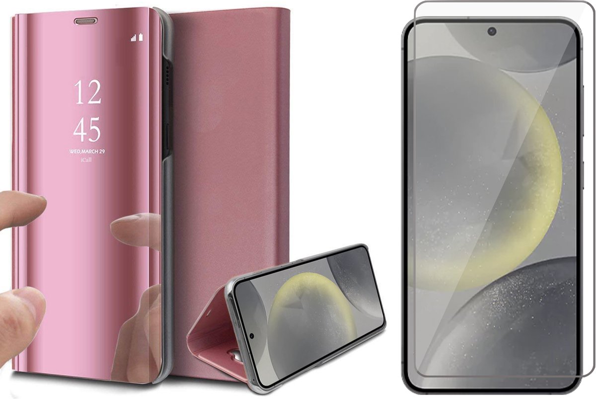 Hoesje geschikt voor Samsung Galaxy S24 - Screenprotector Glas - Spiegel Book Case Rosegoud