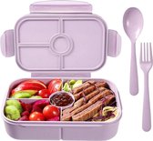 Lunchbox voor kinderen, met 4 vakken, vaatwasmachinebestendig, magnetronbestendig, koelkastbestendig (met lepel en vorkset, lichtpaars)