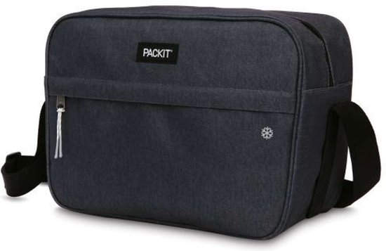 Sac isotherme PackIt noir avec bandoulière réglable et poche avant.
