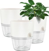 Bloempot, plastic, 3 stuks, 15,3 cm, kruidenpotten met zelfbewatering en waterreservoir, moderne plantenpot voor kamerplanten, bloemen en kruiden, wit