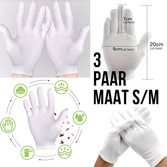 Allernieuwste.nl® 3 Paar Witte 100% Katoenen Handschoenen Munten Sieraden Zilver Goud Inspectie - Niet Pluizend - MAAT S/M