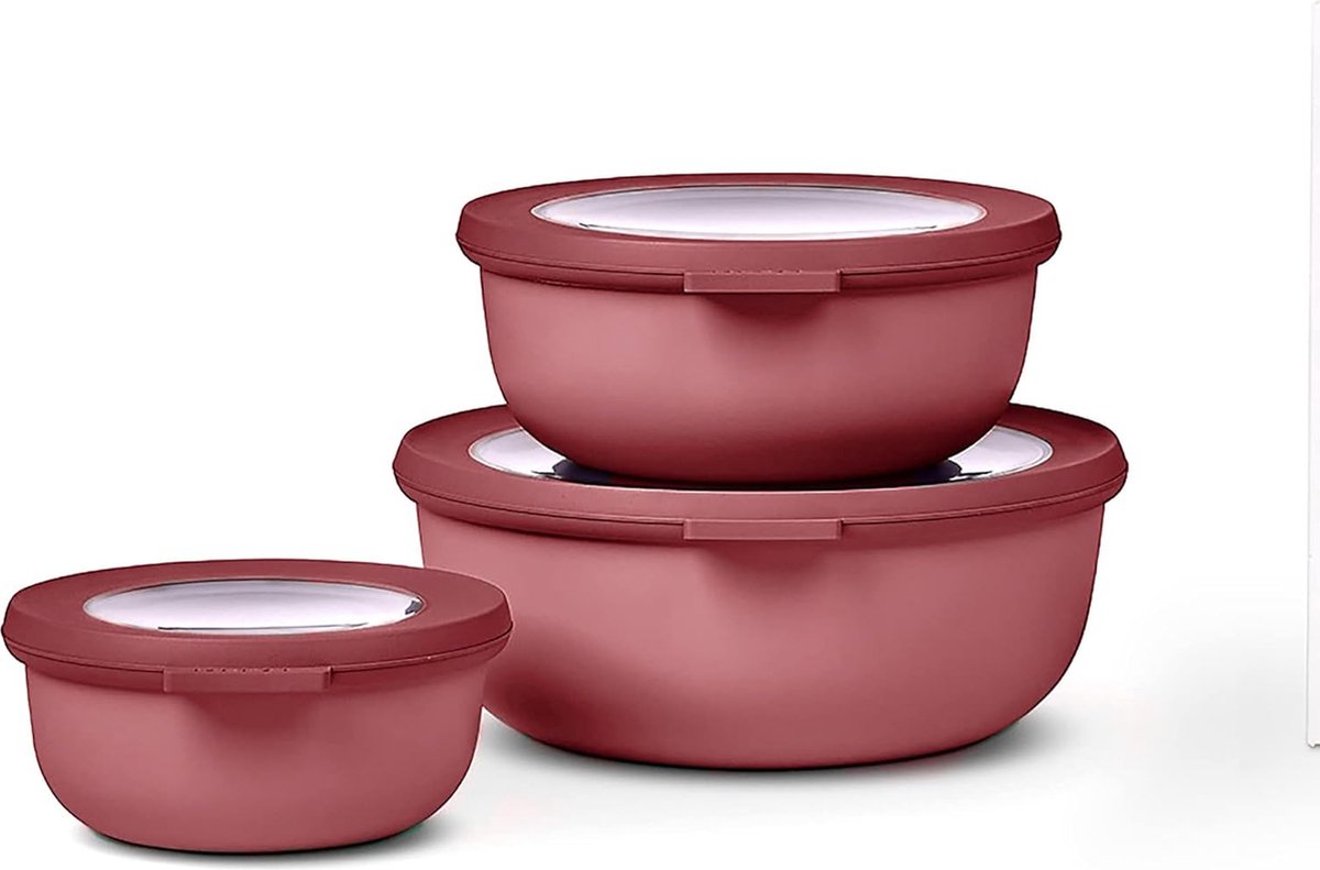 Luxiba - Multischaal Cirqula Round Set 3-delig - Voorraaddozen met Deksel - Veelzijdig in Gebruik - Opbergdoos, koelkast, vriezer en magnetronservies - 350 ml, 750 ml & 1250 ml - Rood