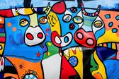 JJ-Art (Canvas) 60x40 | Koeien, kleurrijk, abstract, Herman Brood stijl, kunst | dier, koe, stier, rood, groen, geel, blauw, woonkamer, modern | Foto-Schilderij canvas print (wanddecoratie)