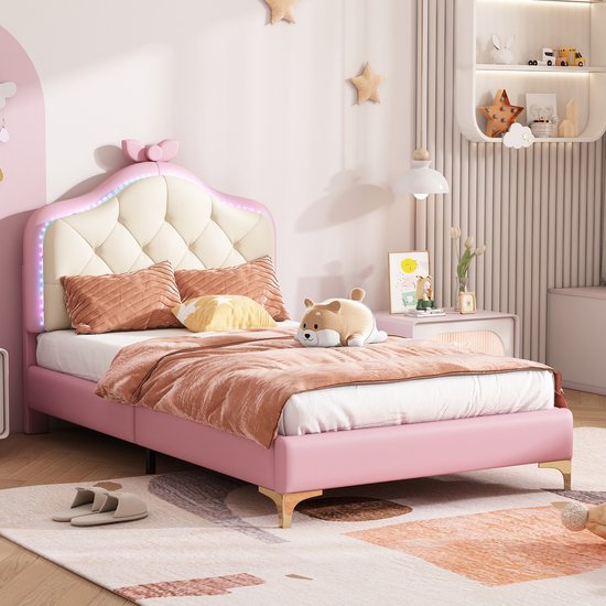 Gestoffeerd bed eenpersoonsbed - Hoofdeinde met roze strik en meerkleurig veranderende LED-strips - kinderbed met houten latten - PU roze bedframe - eenpersoonsbed 90x200cm