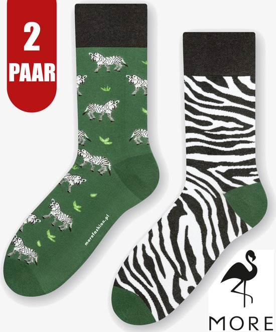 More Fashion - Katoenen Heren Sokken - 2-Pack - Maat 43 44 45 46 - Leuk Asymmetrisch Print - Kleurrijk - Zebra - Dierenprint - MADE IN EU