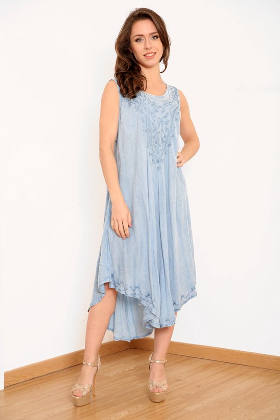 Lange dames jurk Pepita effen licht blauw mouwloos strandjurk beachwear bohemian ibiza style XL/XXL