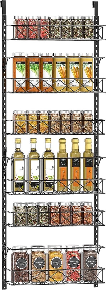 Hangende organizer aan de deur 6-laags hangende plank met 6 verstelbare planken en 2 haken metalen keukenplank om op te hangen ideaal voor keuken badkamer bijkeuken kast slaapzaal zwart