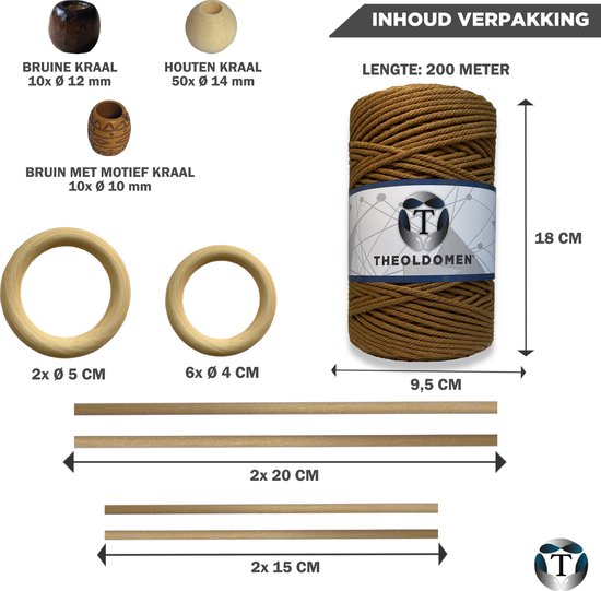 Macramé Pakket | 200 METER | Incl. Handleiding | Mokka | Starter Set | Ringen | Kralen |Stokken | Macramé Touw | 3mm | 100% Katoen | Macramé | Decoratie | DIY | Doe Het Zelf | Wandkleed | Dromenvanger | Plantenhanger | Tassen | TheOldOmen |