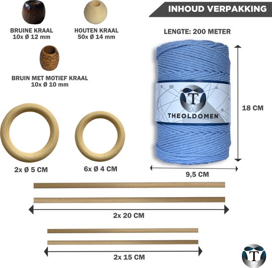 Macramé Pakket | 200 METER | Incl. Handleiding | Lichtblauw | Starter Set | Ringen | Kralen |Stokken | Macramé Touw | 3mm | 100% Katoen | Macramé | Decoratie | DIY | Doe Het Zelf | Wandkleed | Dromenvanger | Plantenhanger | Tassen | TheOldOmen |