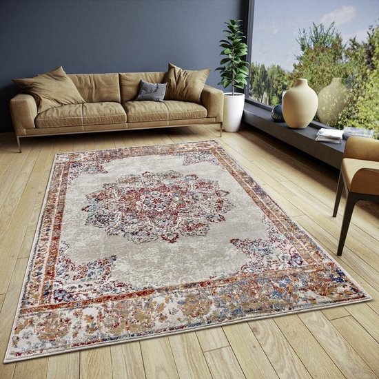 Foto: Flycarpets klassiek vintage vloerkleed maderno creme multi 80x120 cm perzisch tapijt laagpolig loper