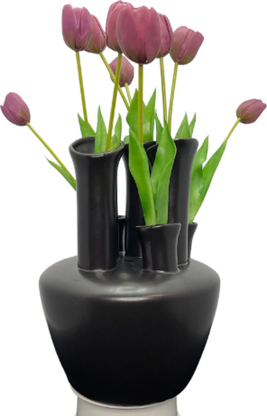 Tuba Vaas met Zijden Tulpen - Vaas - Zwart - 22x22x30 - Groot - Keramiek