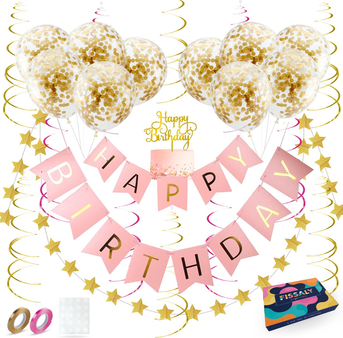 Fissaly Verjaardag Slinger Roze & Goud Papieren Confetti Ballonnen