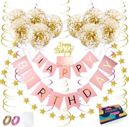 Ensemble de décoration de fête d'anniversaire Fissaly avec ballons, guirlande rose 'Happy Birthday', étoiles et spirales dorées.