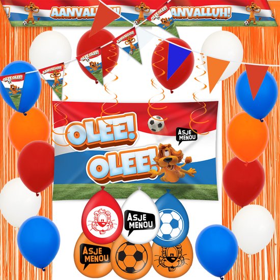Oranje Versiering Feestpakket EK WK Slingers Ballonnen Oranje Vlaggetjes Loeki De Leeuw Voetbal Versiering - 67 Stuks