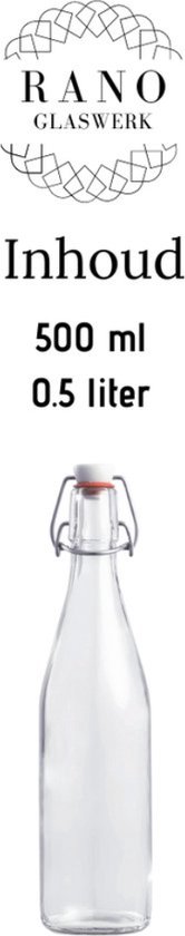 Glazen beugelfles met zilverkleurige beugel en witte dop, inhoud 500ml.
