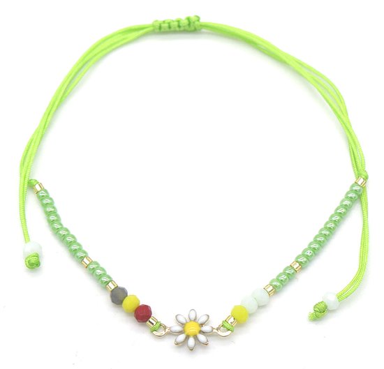 Bracelet perles - corde - réglable - vert - multicolore - fleur - été - hanche - vacances - festival