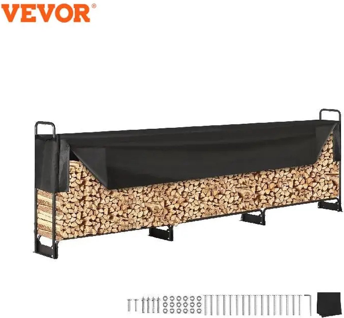 Houtrek - Brandhoutrek - Haardhoutrek -Metaal - 386 x 36 x 117 CM - Maat L - Frame Gepoedercoat - Waterdichte Hoes - Laadgewicht 400 KG - Zwart